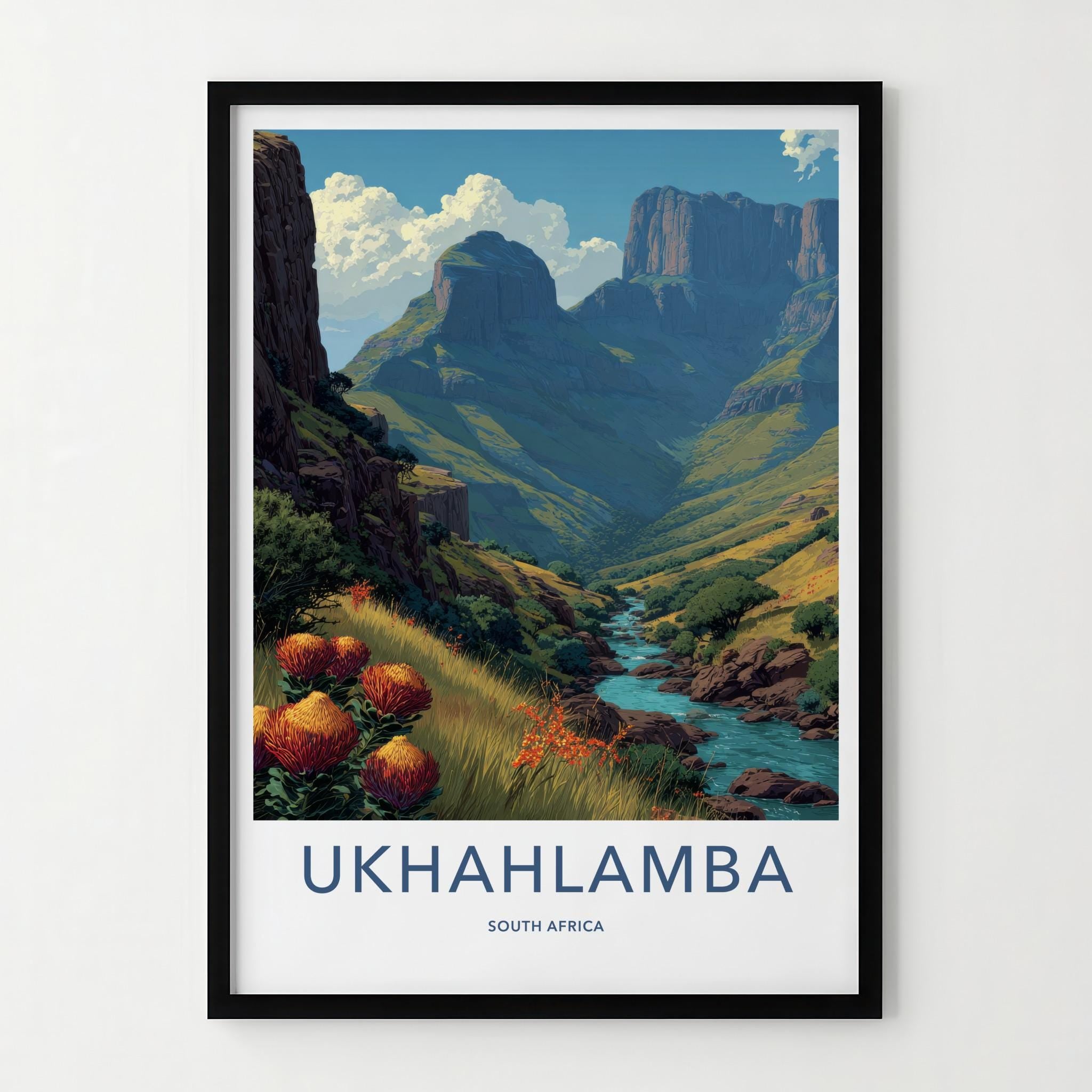 Ukhahlamba Poster - South Africa Travel Art - Dramatic Peaks River Wall Decor