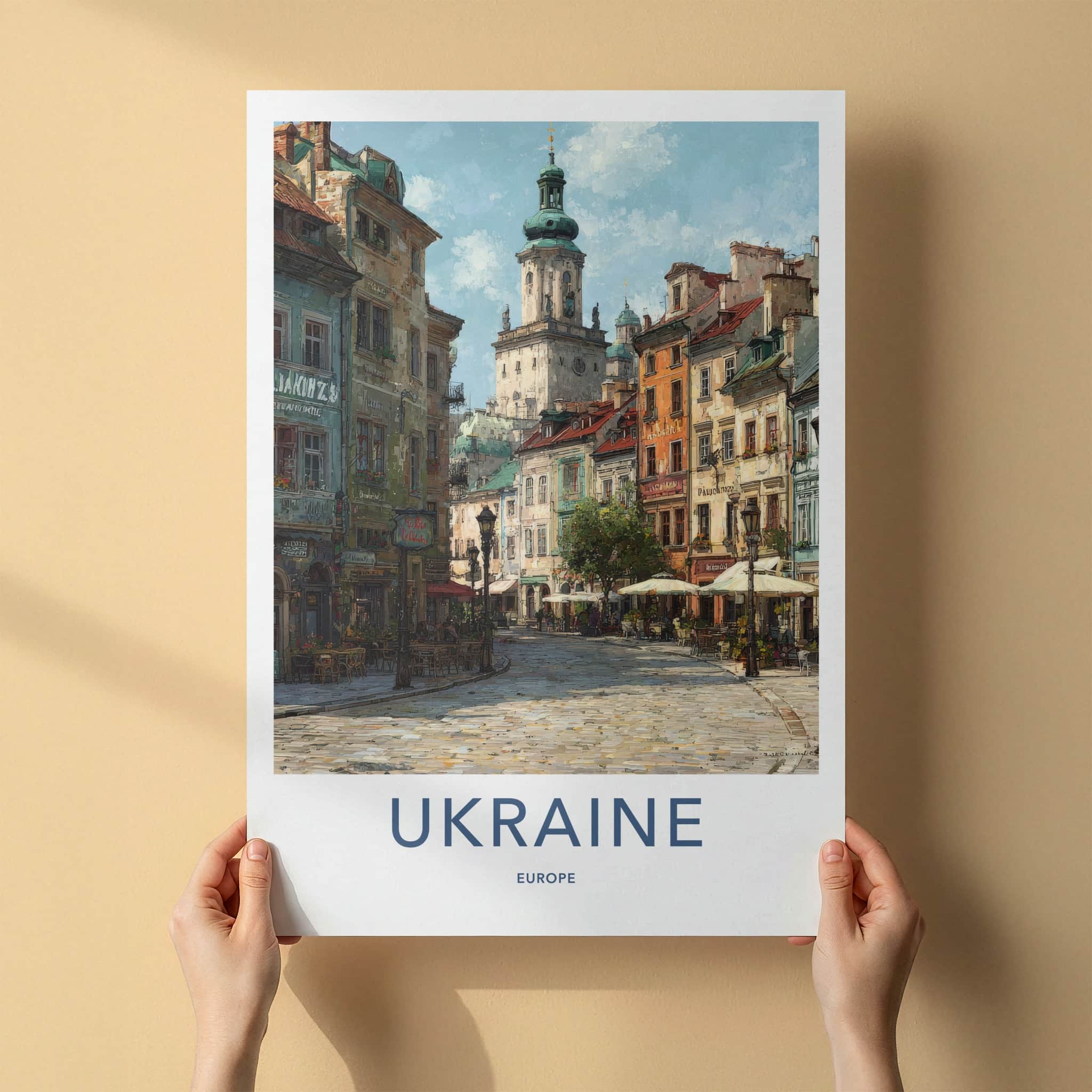 Ukraine Poster - Ukraine Travel Art - Cobbled Square Tower Home Decor