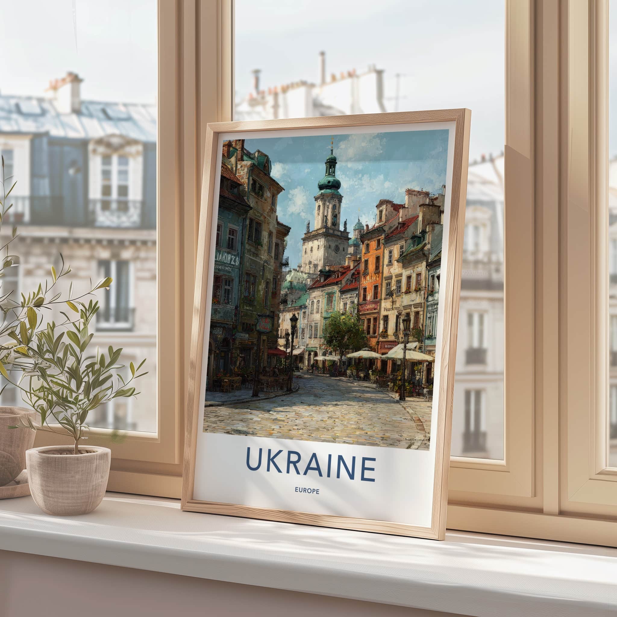 Ukraine Poster - Ukraine Travel Art - Cobbled Square Tower Home Decor