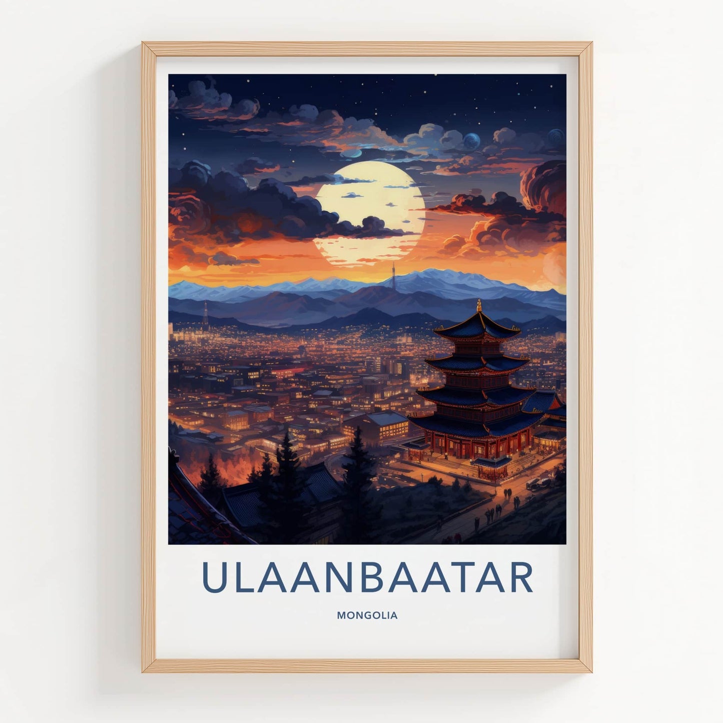 Ulaanbaatar Poster - Mongolia Travel Art - Moonlit Temple City Home Decor