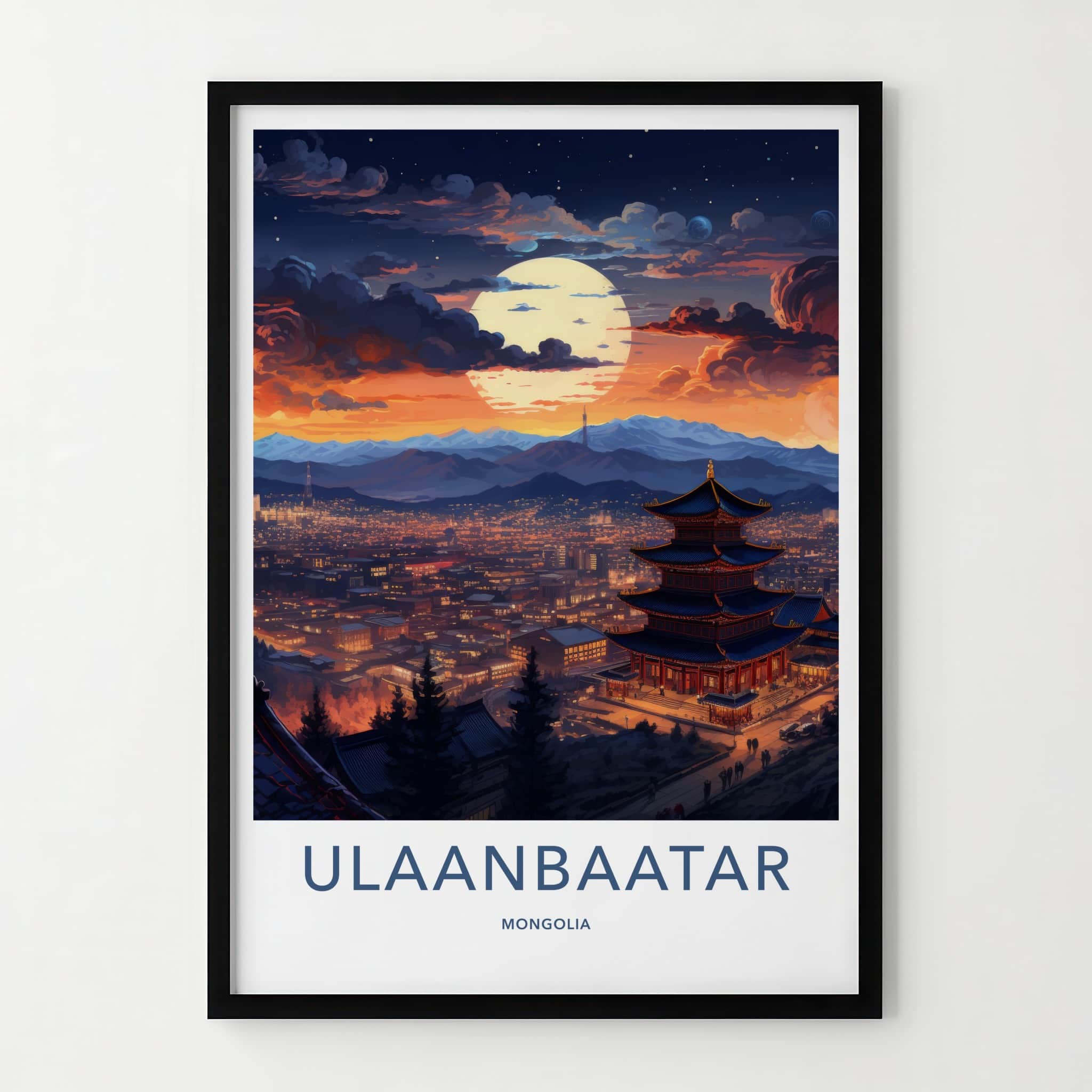 Ulaanbaatar Poster - Mongolia Travel Art - Moonlit Temple City Home Decor
