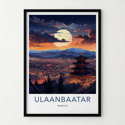 Ulaanbaatar Poster - Mongolia Travel Art - Moonlit Temple City Home Decor
