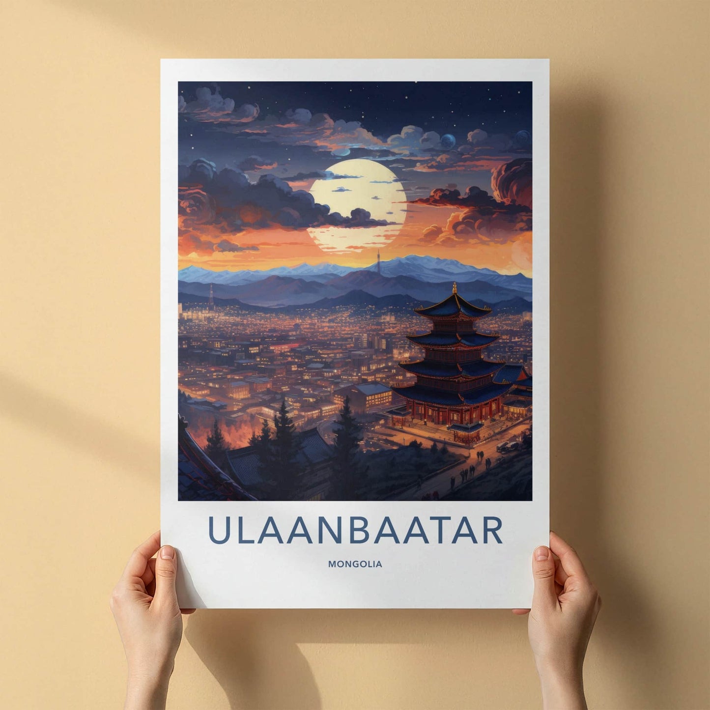 Ulaanbaatar Poster - Mongolia Travel Art - Moonlit Temple City Home Decor