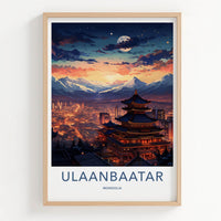 Ulaanbaatar Poster - Mongolia Travel Art - Moonlit Temple City Home Decor