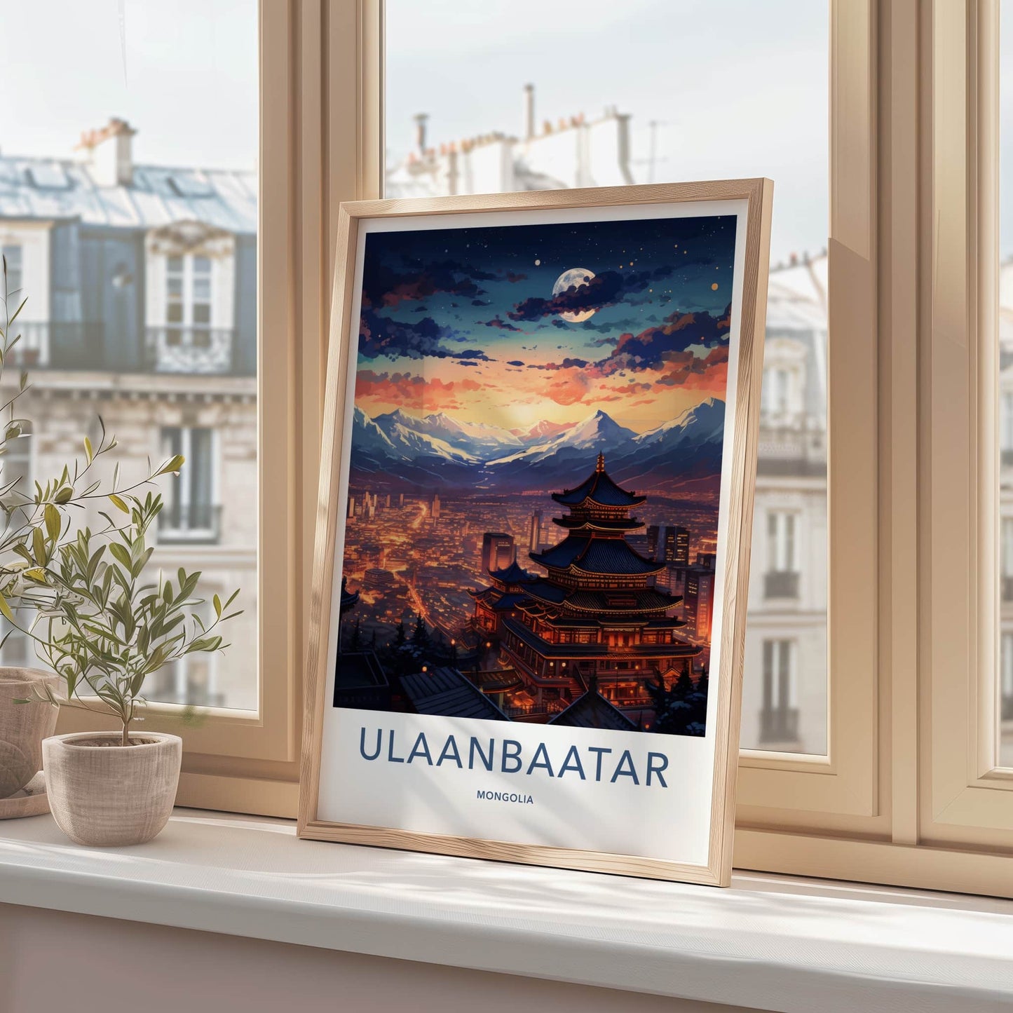 Ulaanbaatar Poster - Mongolia Travel Art - Moonlit Temple City Home Decor