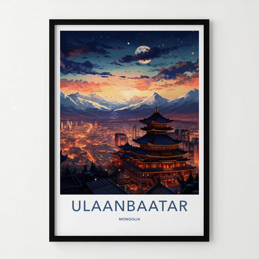 Ulaanbaatar Poster - Mongolia Travel Art - Moonlit Temple City Home Decor