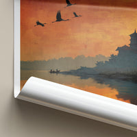 Umananda Poster - India Travel Art - Assam Sunset River Temple Home Decor