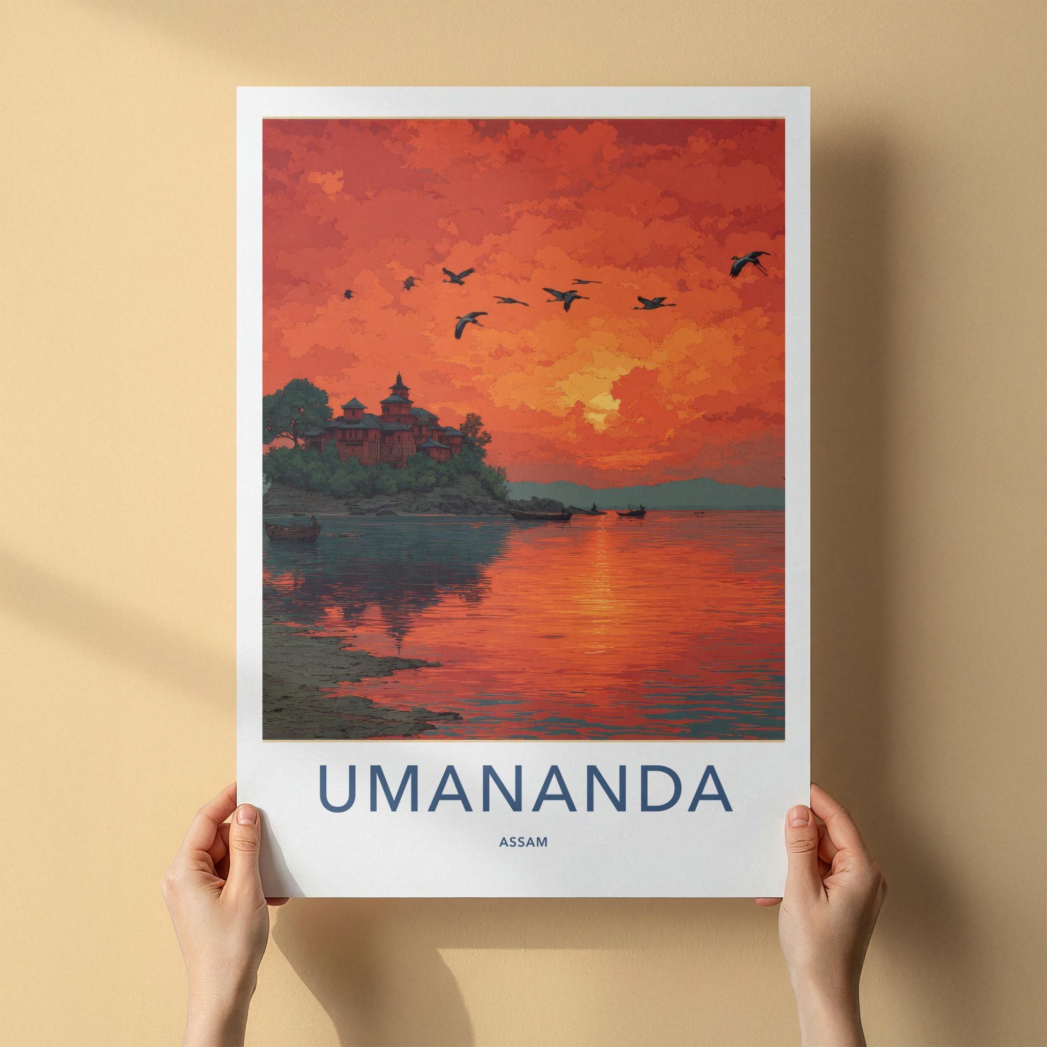 Umananda Poster - India Travel Art - Assam Vibrant Island Sunset Home Decor