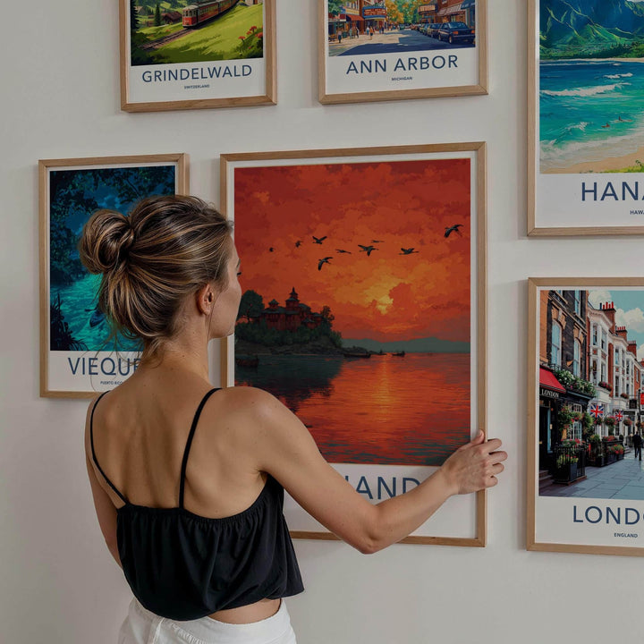 Umananda Poster - India Travel Art - Assam Vibrant Island Sunset Home Decor