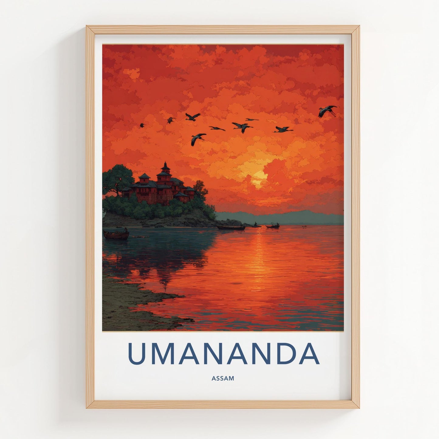 Umananda Poster - India Travel Art - Assam Vibrant Island Sunset Home Decor