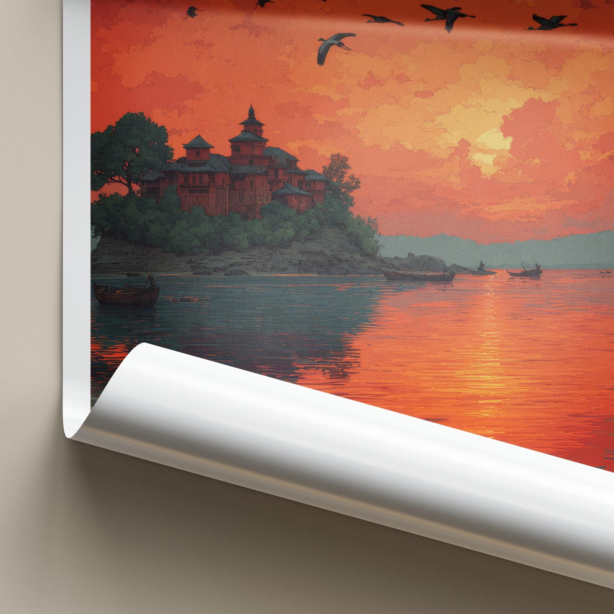 Umananda Poster - India Travel Art - Assam Vibrant Island Sunset Home Decor