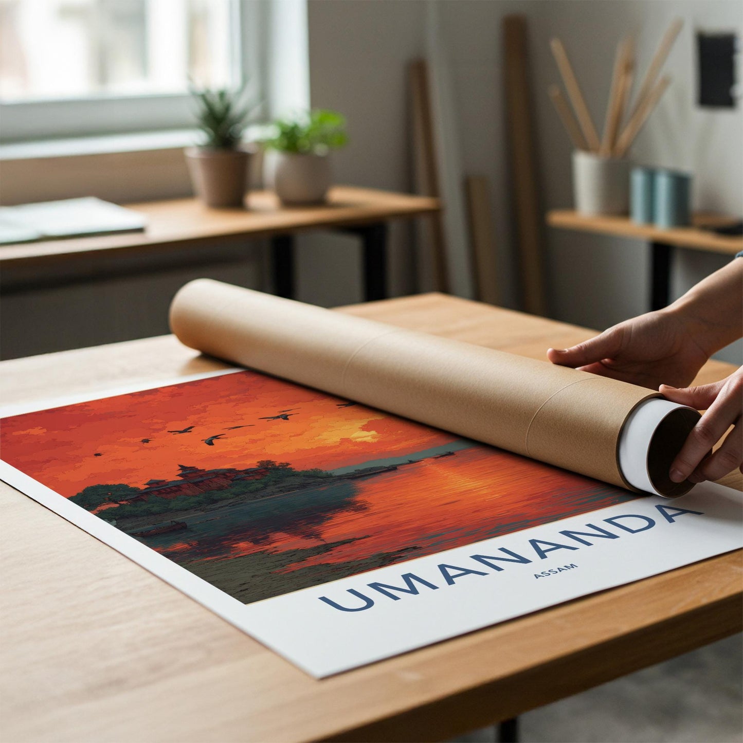 Umananda Poster - India Travel Art - Assam Vibrant Island Sunset Home Decor