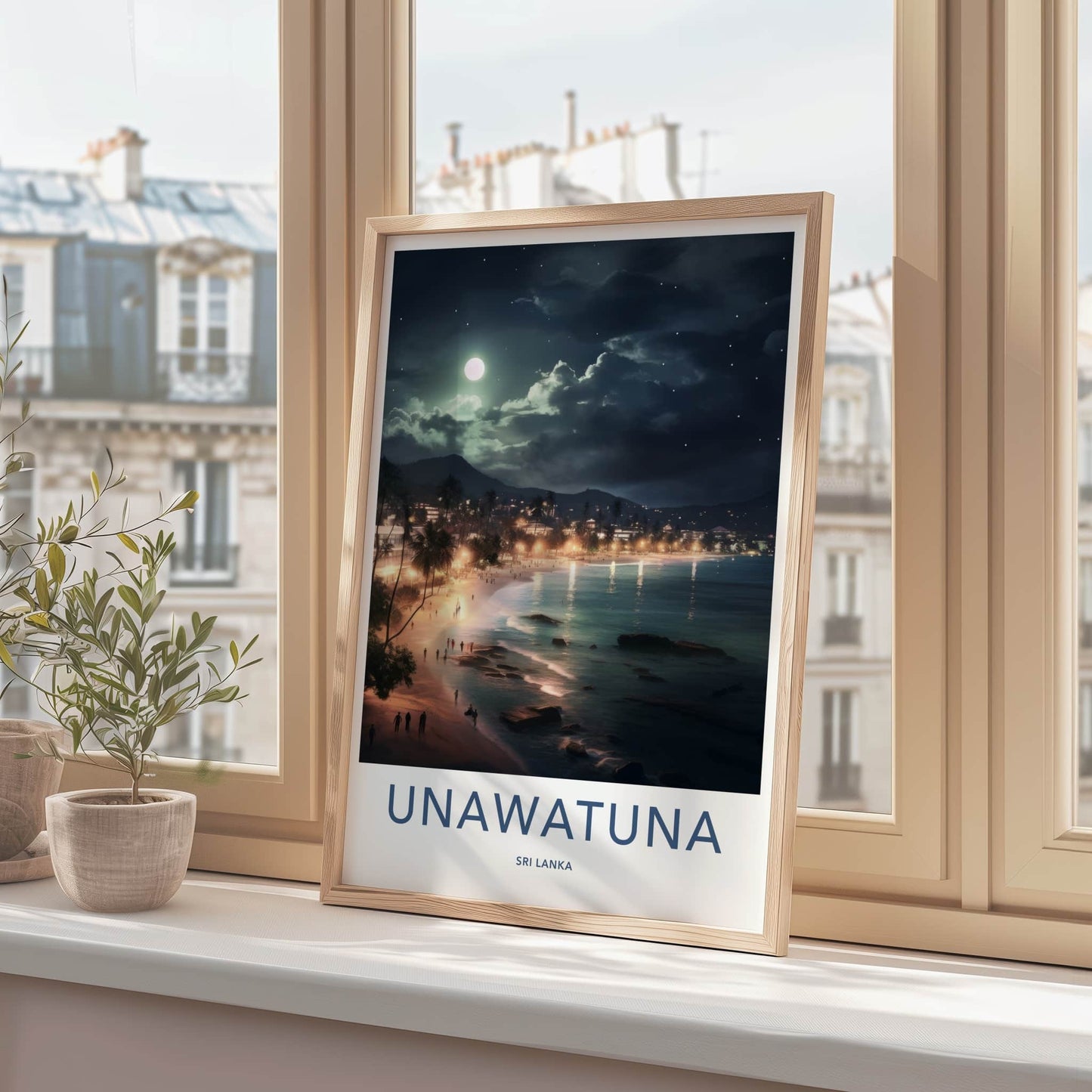 Unawatuna Poster - Sri Lanka Travel Art - Moonlit Tropical Beach Home Decor