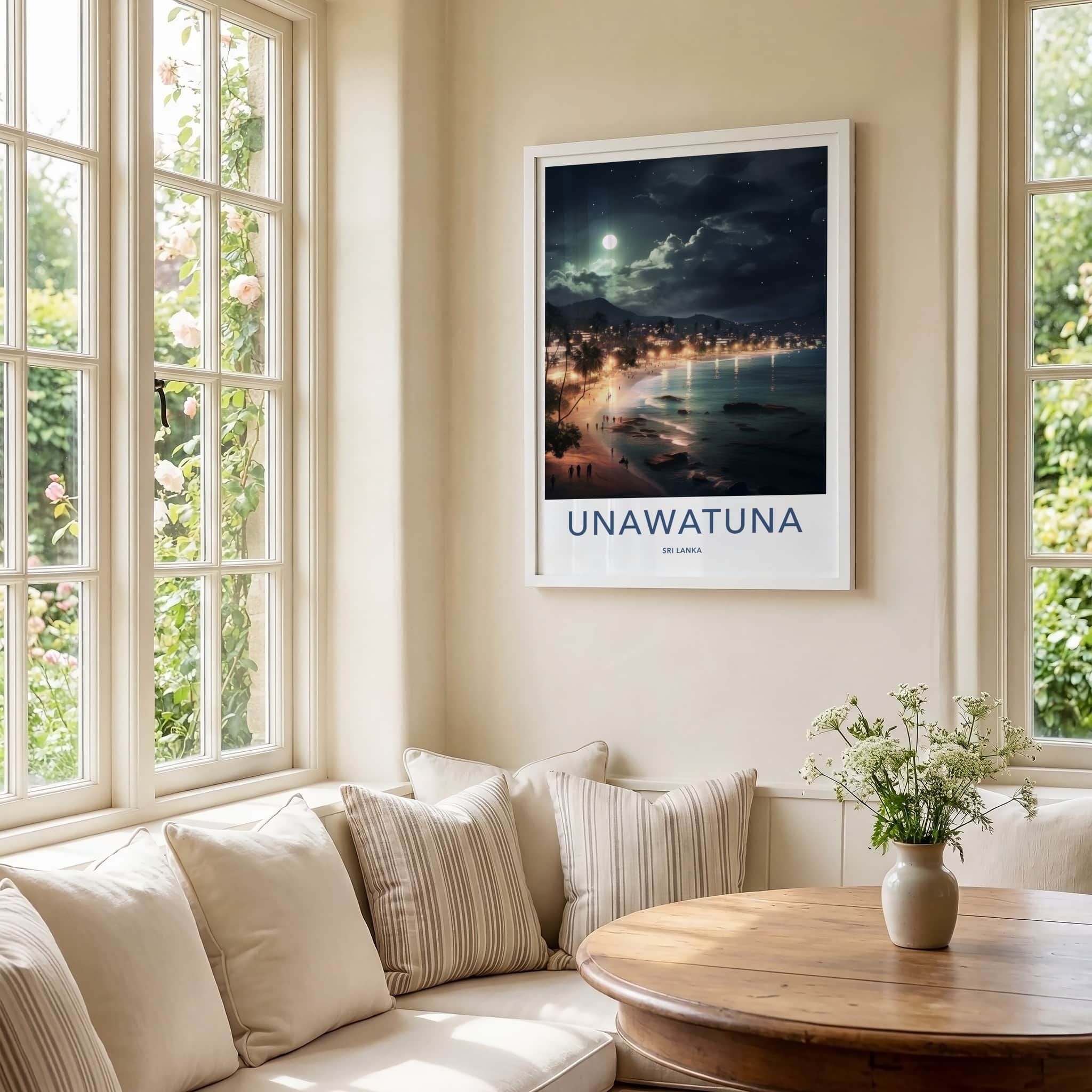 Unawatuna Poster - Sri Lanka Travel Art - Moonlit Tropical Beach Home Decor