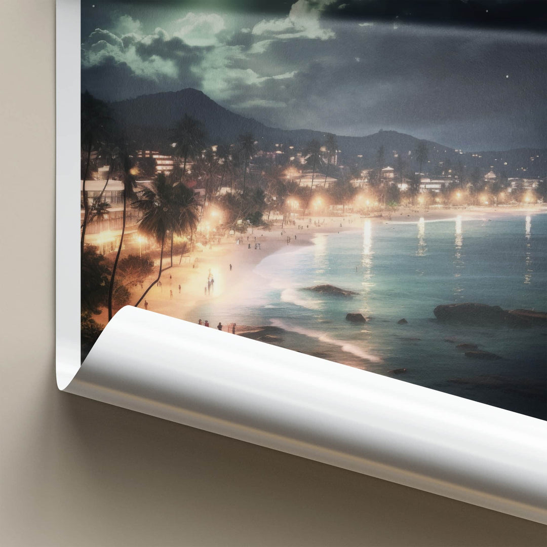Unawatuna Poster - Sri Lanka Travel Art - Moonlit Tropical Beach Home Decor