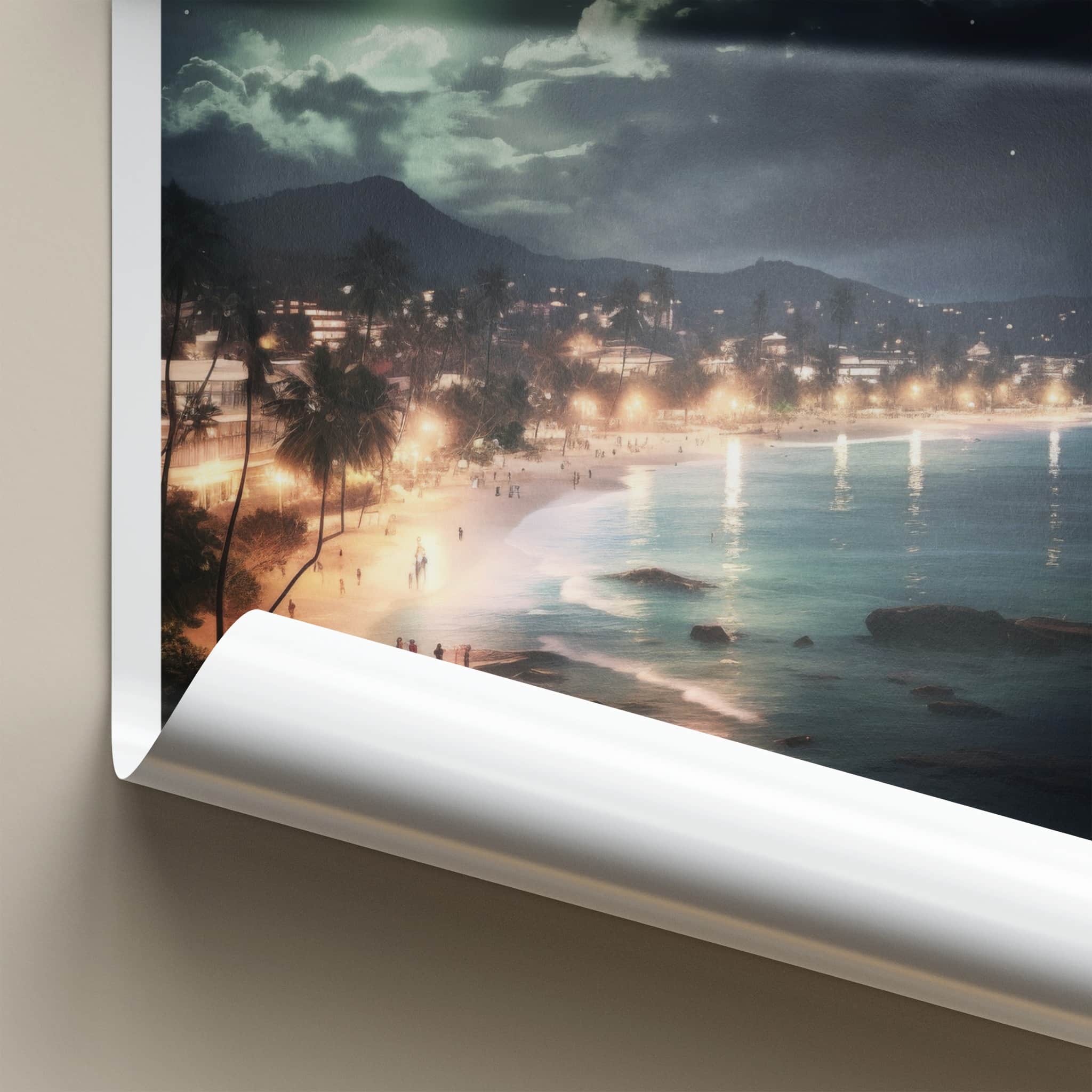 Unawatuna Poster - Sri Lanka Travel Art - Moonlit Tropical Beach Home Decor