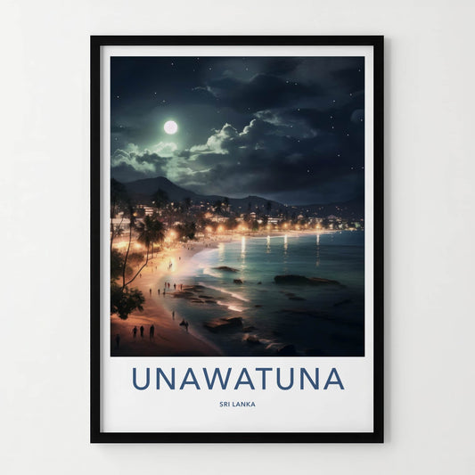 Unawatuna Poster - Sri Lanka Travel Art - Moonlit Tropical Beach Home Decor