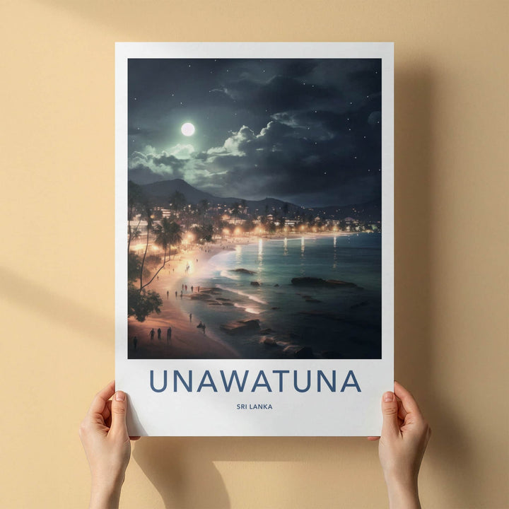 Unawatuna Poster - Sri Lanka Travel Art - Moonlit Tropical Beach Home Decor