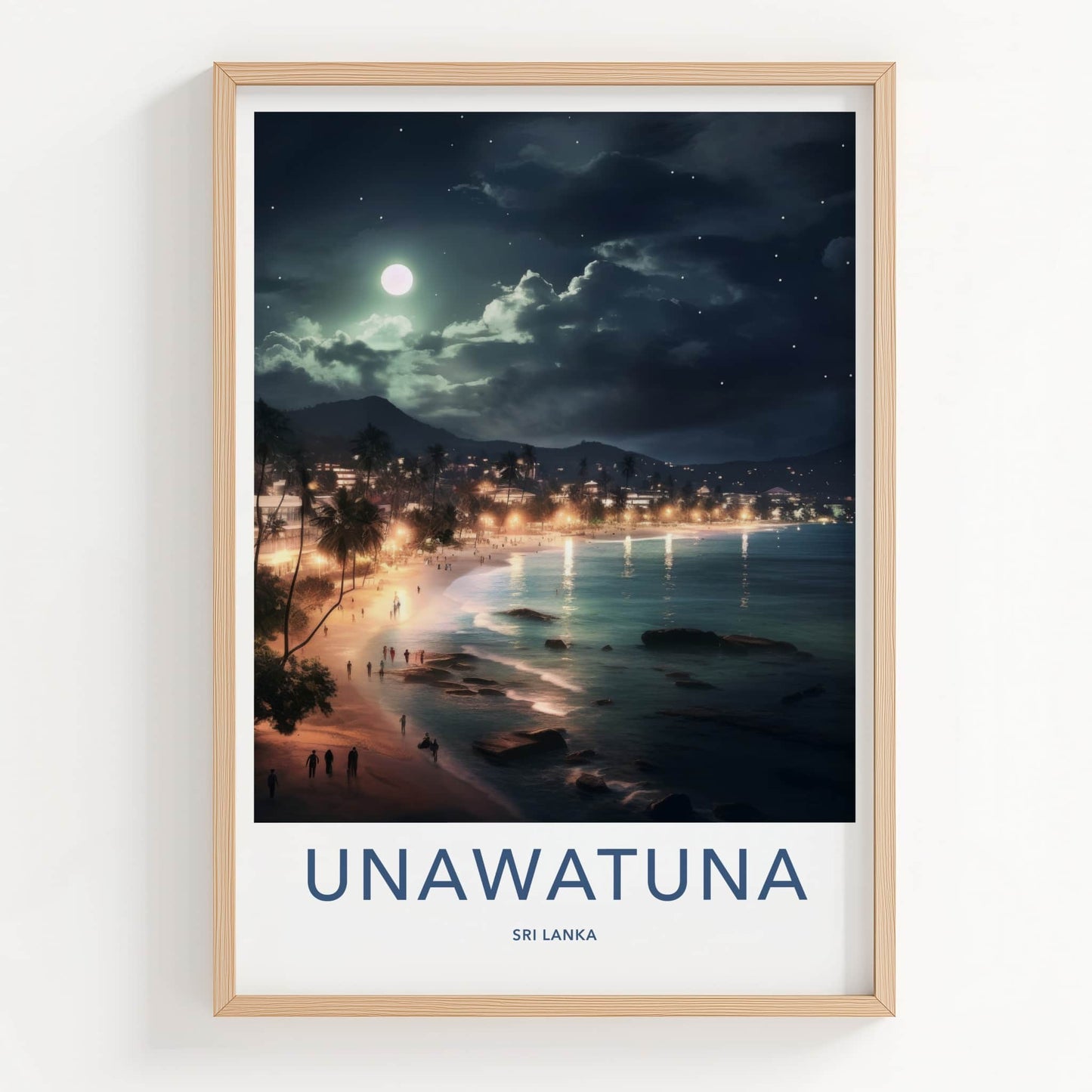 Unawatuna Poster - Sri Lanka Travel Art - Moonlit Tropical Beach Home Decor