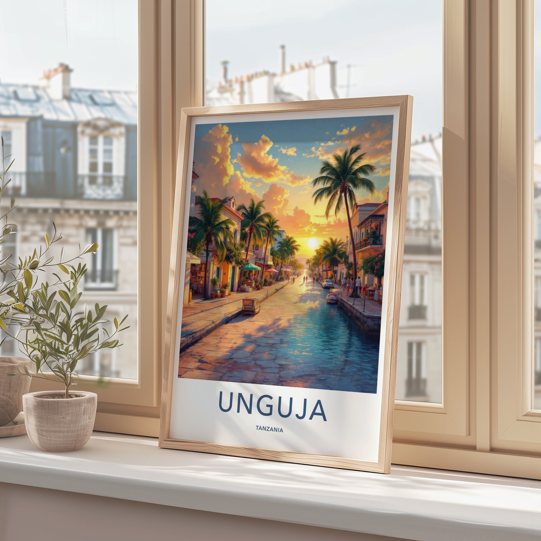 Unguja Poster - Tanzania Travel Art - Tropical Street Sunset Home Decor