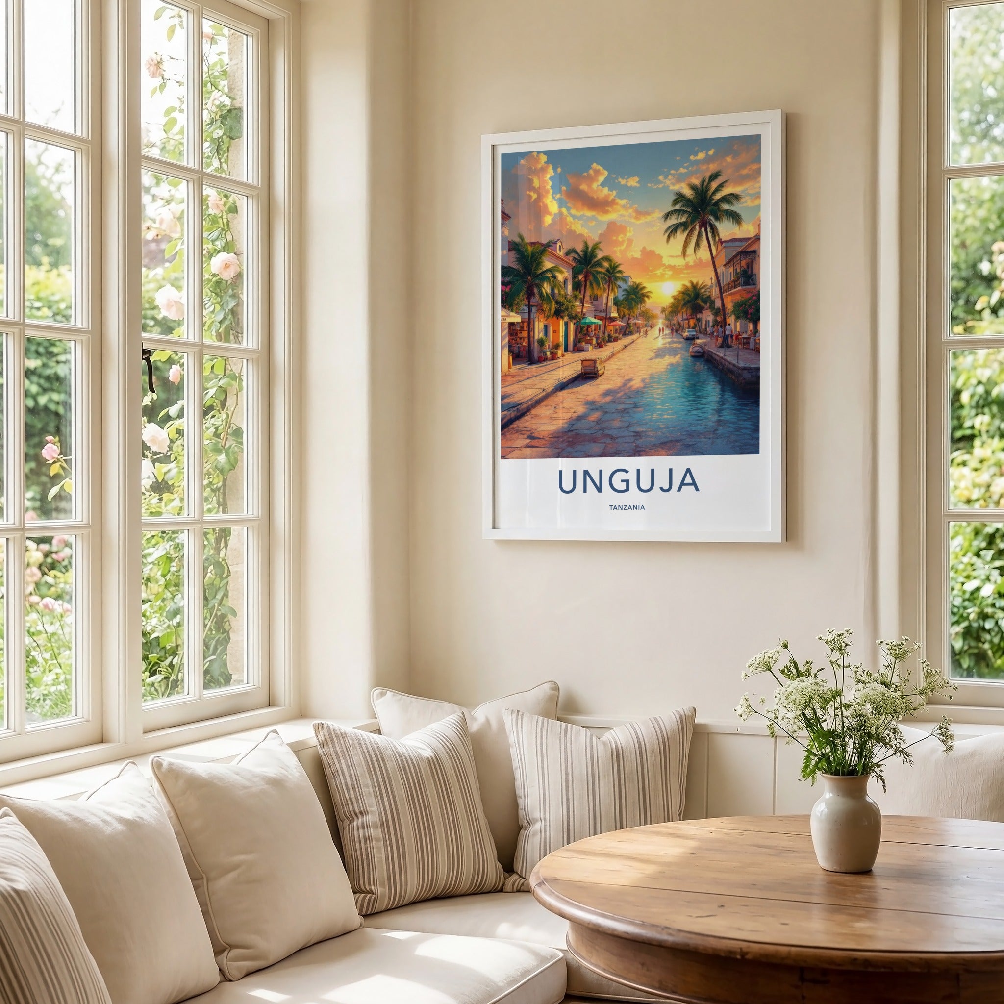 Unguja Poster - Tanzania Travel Art - Tropical Street Sunset Home Decor
