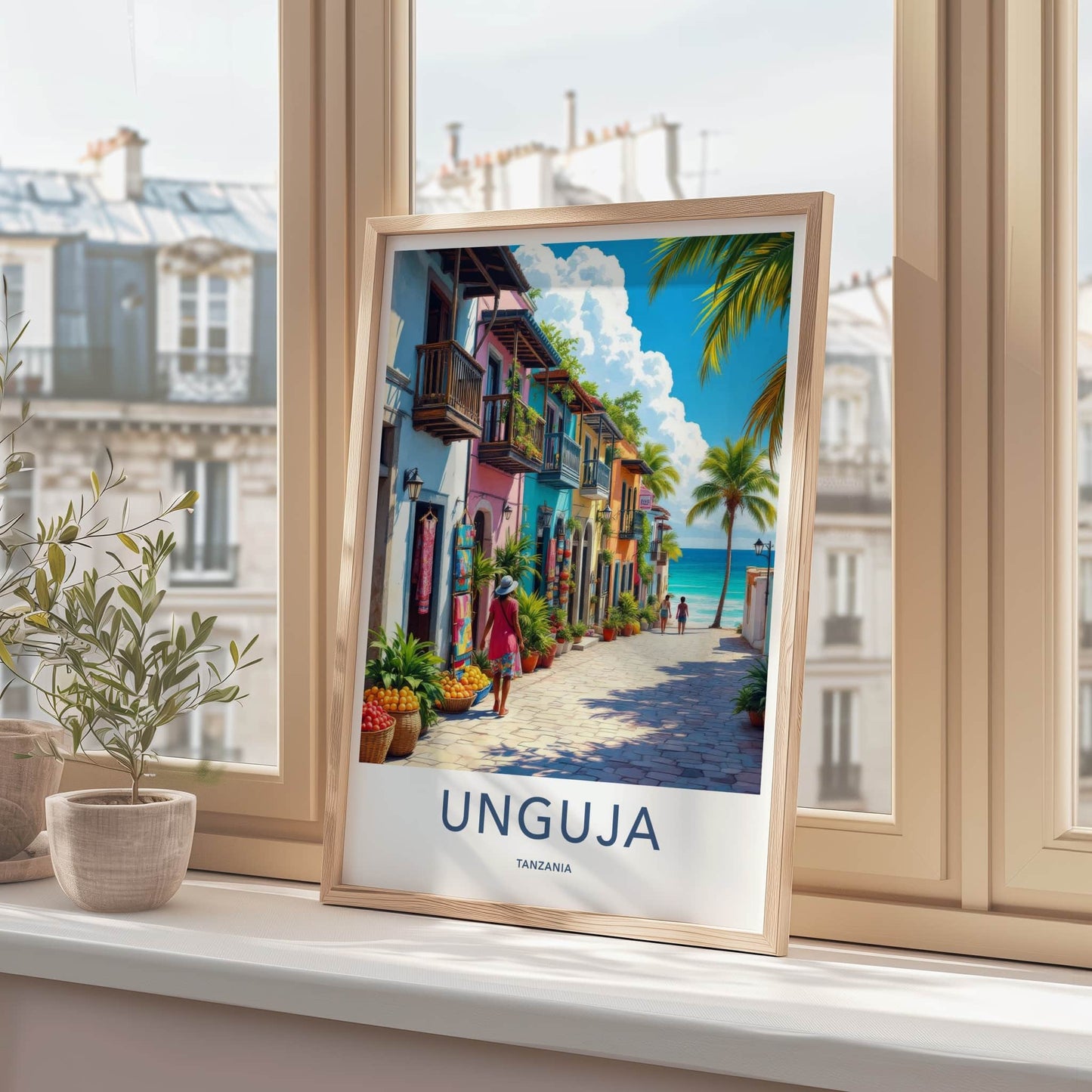 Unguja Poster - Tanzania Travel Art - Vibrant Coastal Village Home Decor