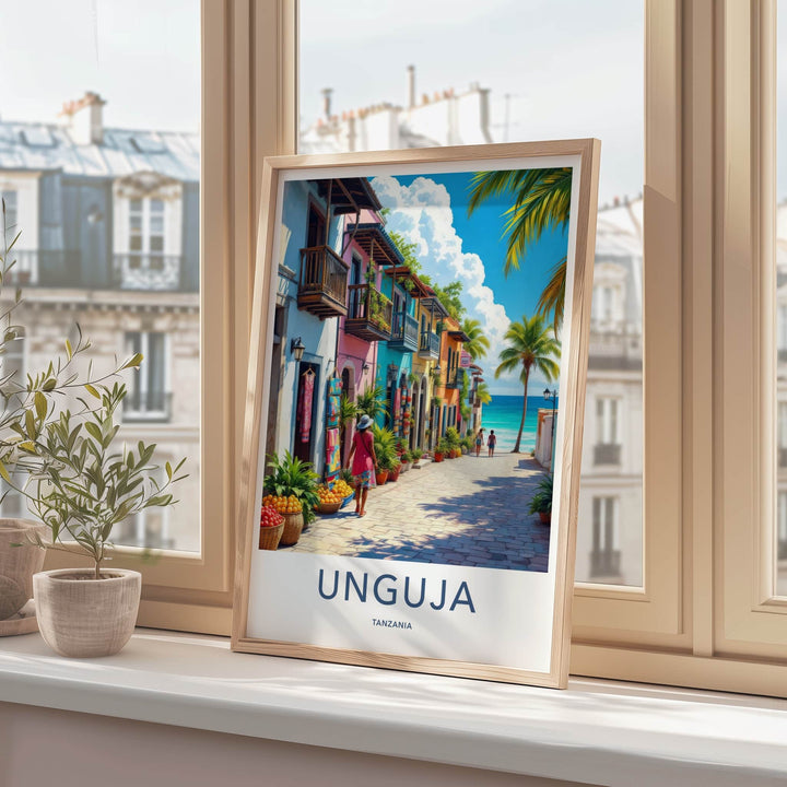 Unguja Poster - Tanzania Travel Art - Vibrant Coastal Village Home Decor