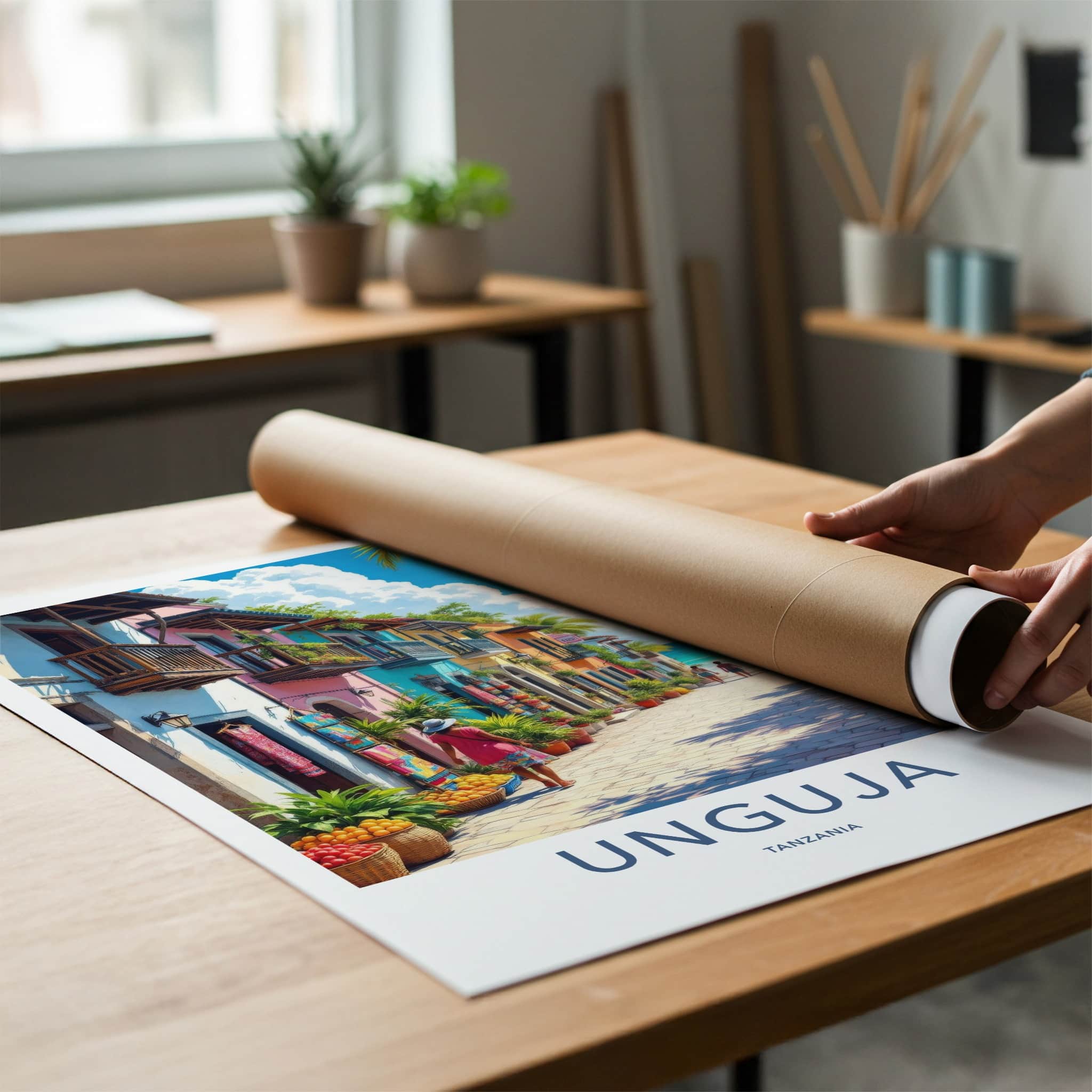 Unguja Poster - Tanzania Travel Art - Vibrant Coastal Village Home Decor