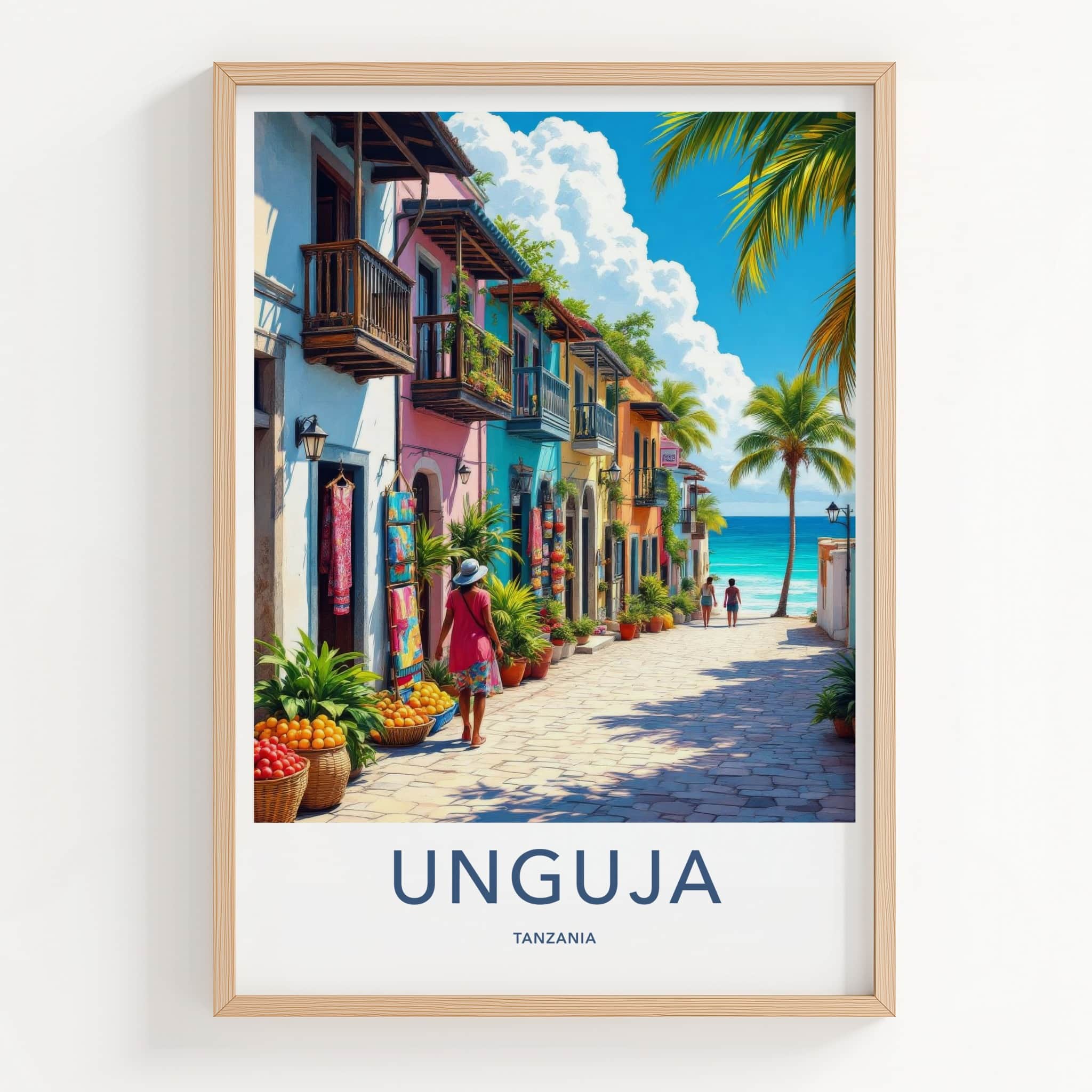 Unguja Poster - Tanzania Travel Art - Vibrant Coastal Village Home Decor