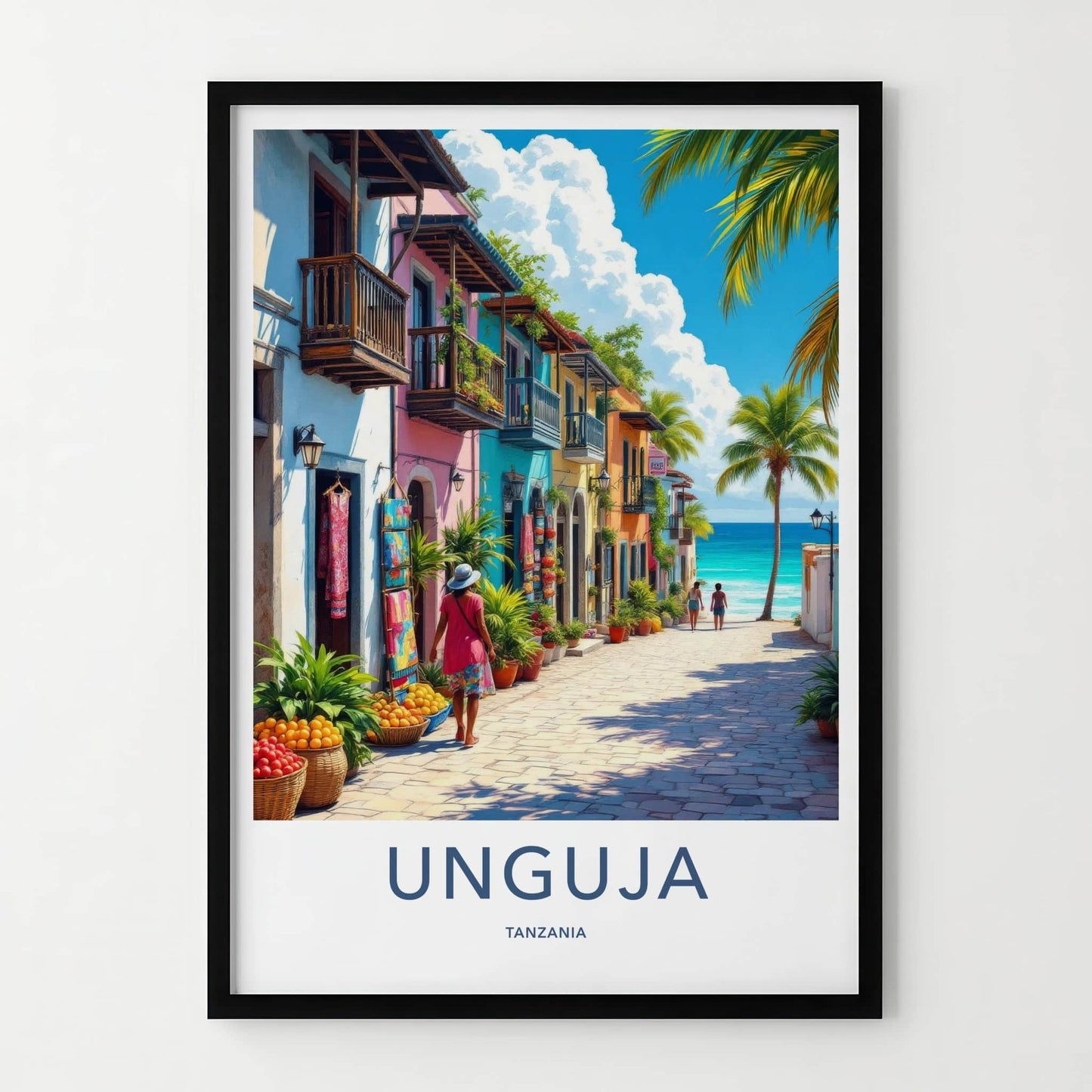 Unguja Poster - Tanzania Travel Art - Vibrant Coastal Village Home Decor