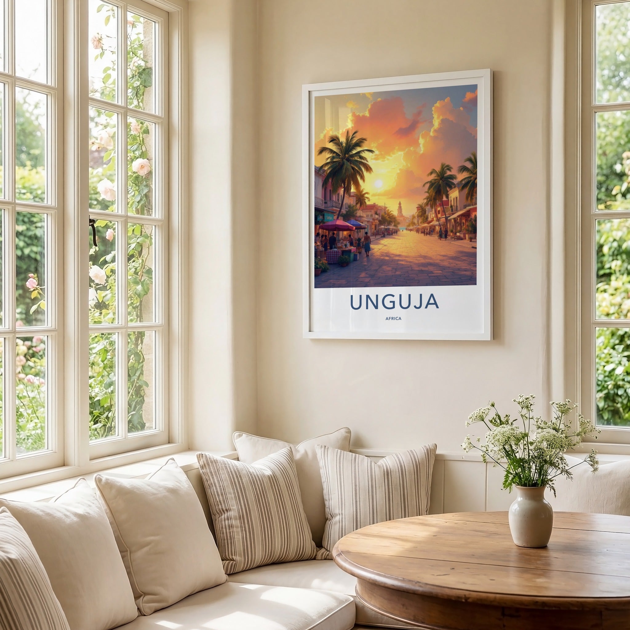 Unguja Poster - Tanzania Travel Art - Vibrant Street Sunset Home Decor