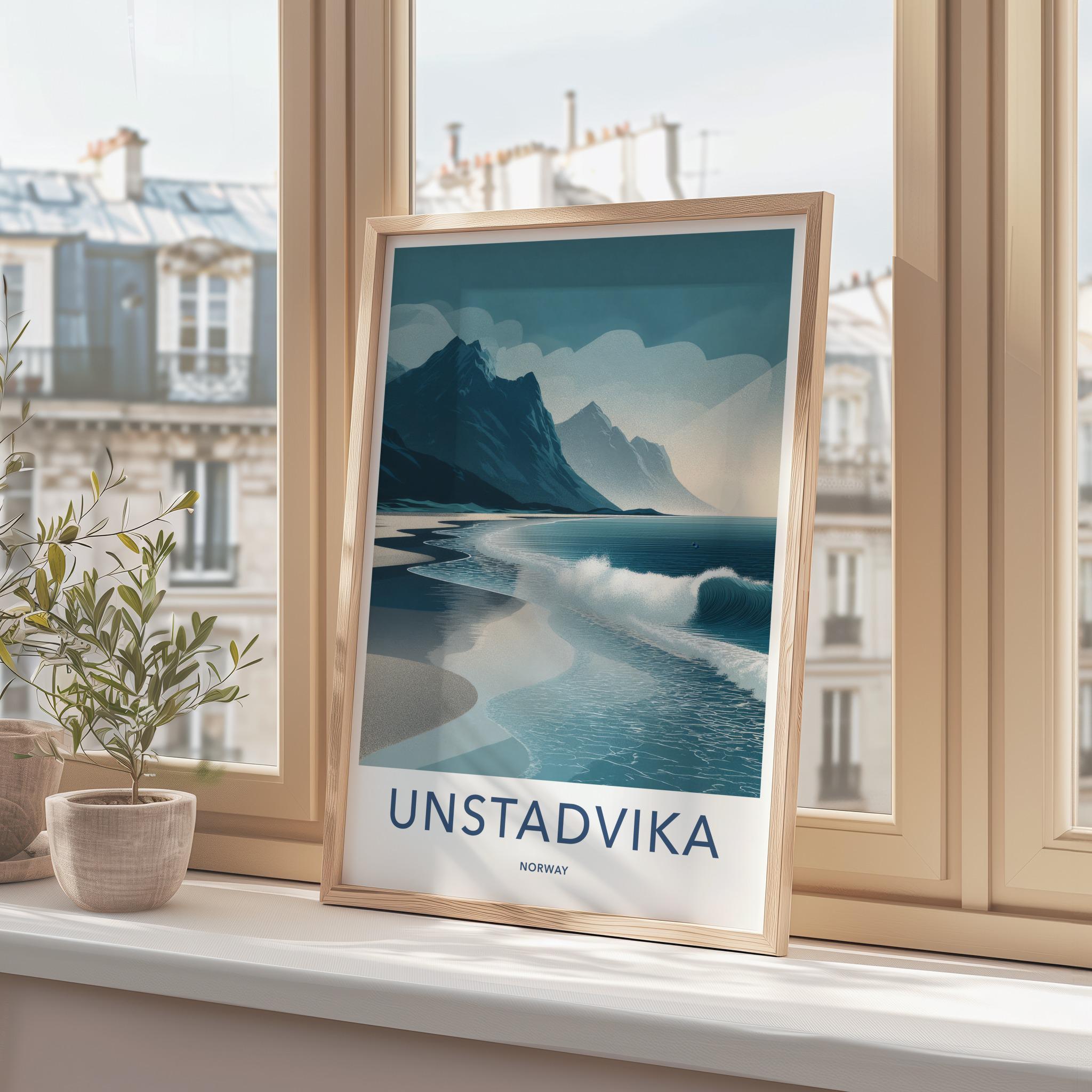 Unstadika Poster - Norway Travel Art - Mountain Beach Waves Home Decor