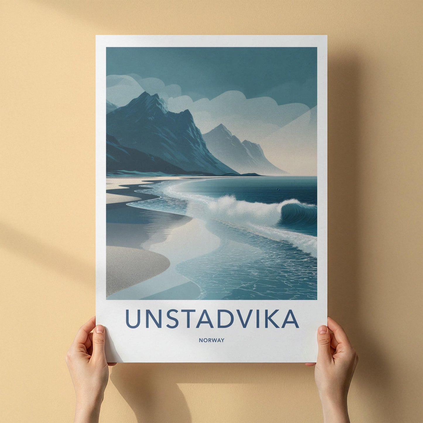 Unstadika Poster - Norway Travel Art - Mountain Beach Waves Home Decor