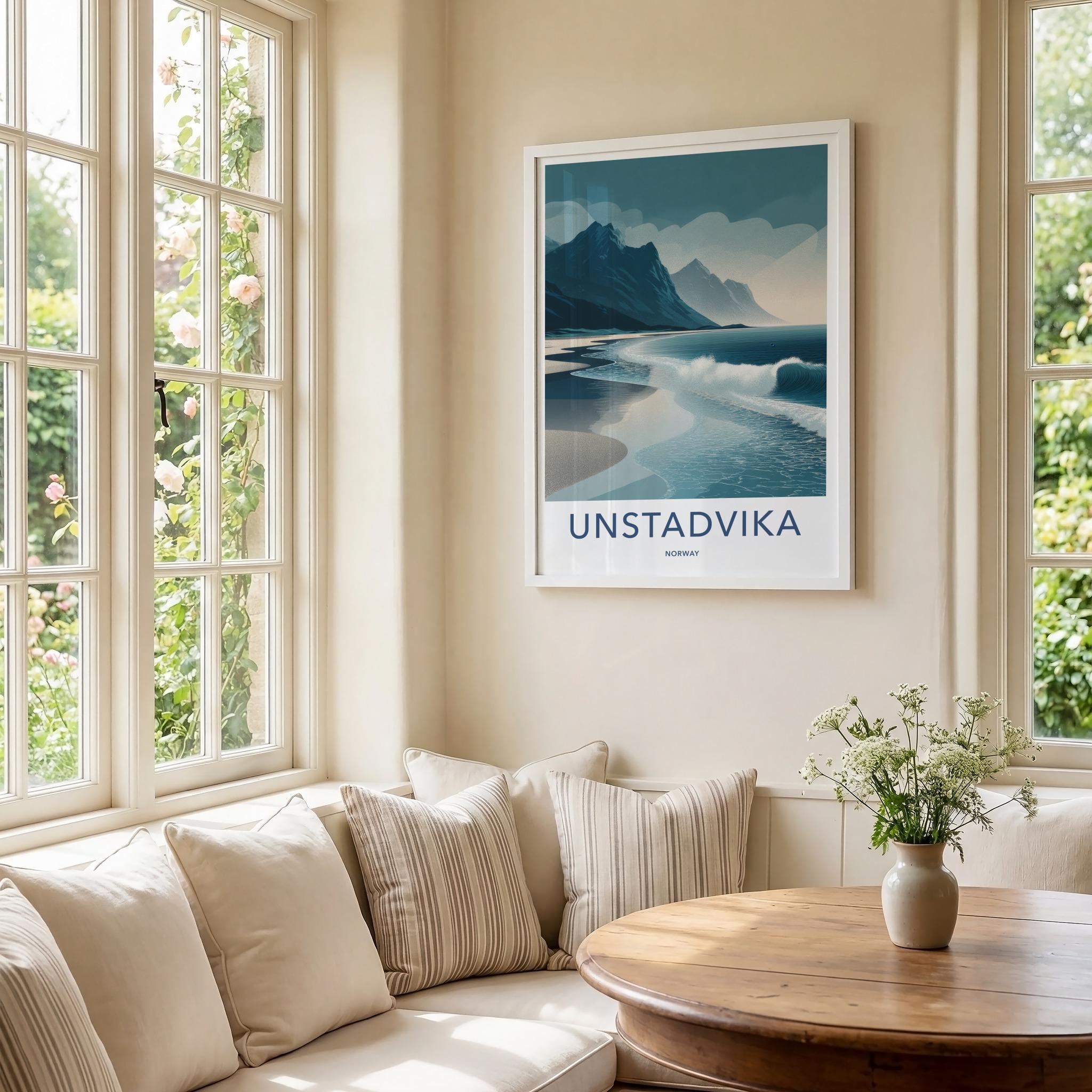 Unstadika Poster - Norway Travel Art - Mountain Beach Waves Home Decor