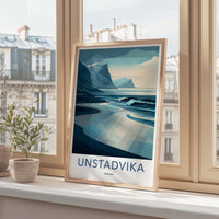 Unstadvika Poster - Norway Travel Art - Coastal Mountain Scene Home Decor
