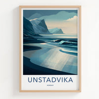 Unstadvika Poster - Norway Travel Art - Coastal Mountain Scene Home Decor