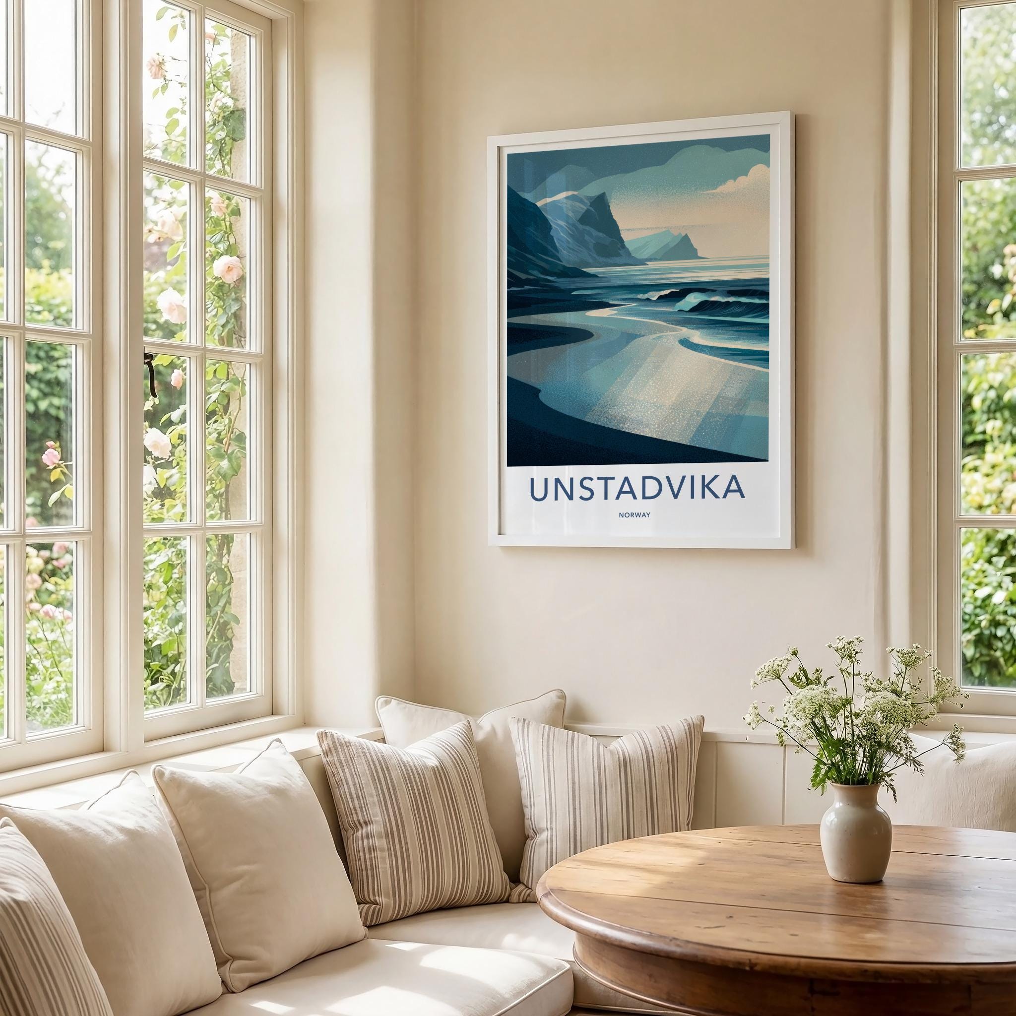 Unstadvika Poster - Norway Travel Art - Coastal Mountain Scene Home Decor