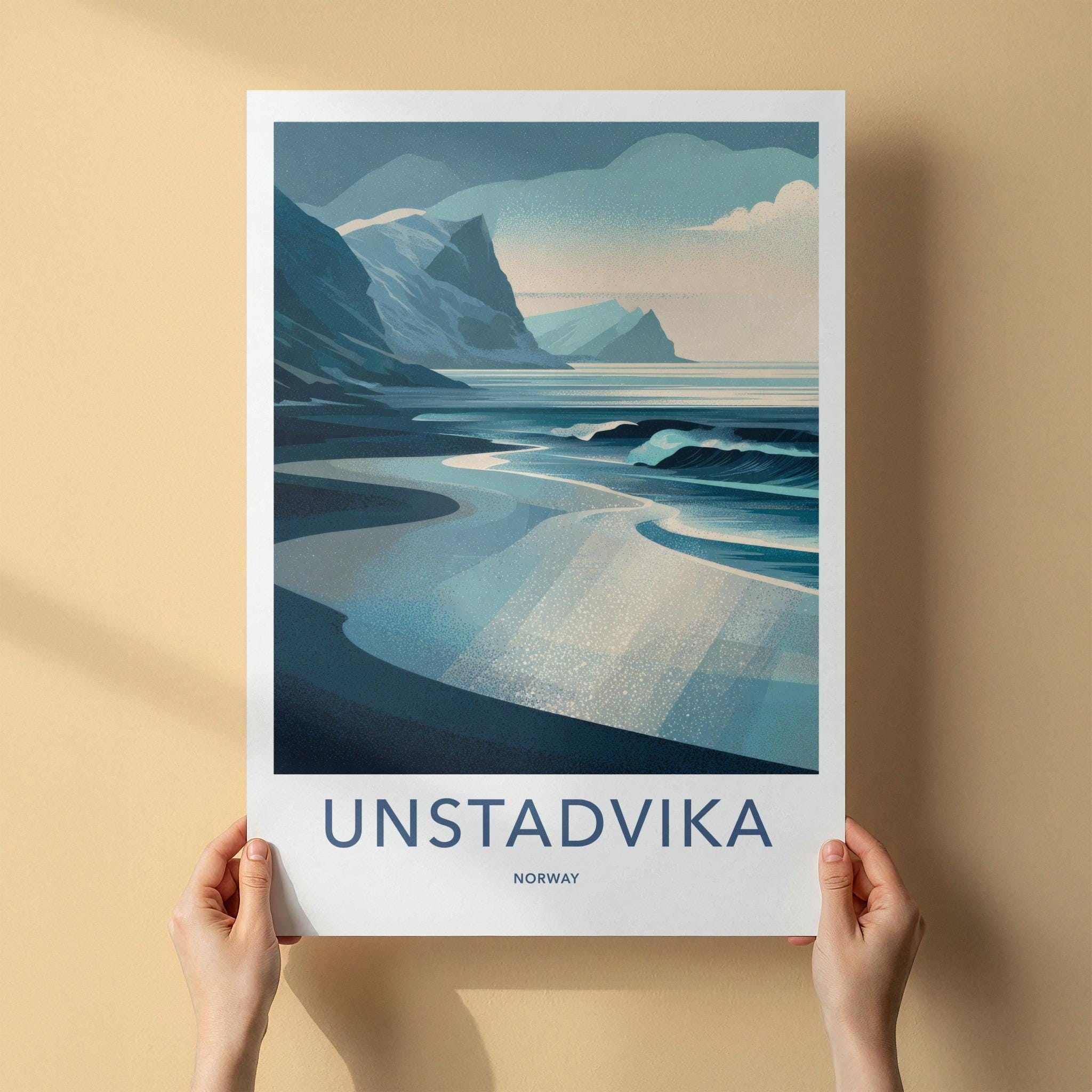Unstadvika Poster - Norway Travel Art - Coastal Mountain Scene Home Decor
