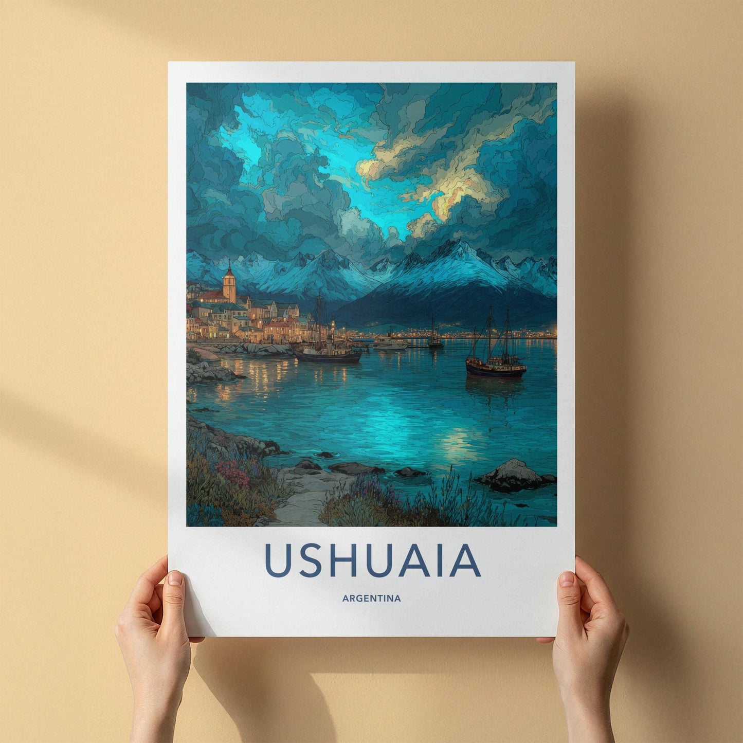 Ushuaia Poster - Argentina Travel Art - Dramatic Sky Harbour Wall Decor