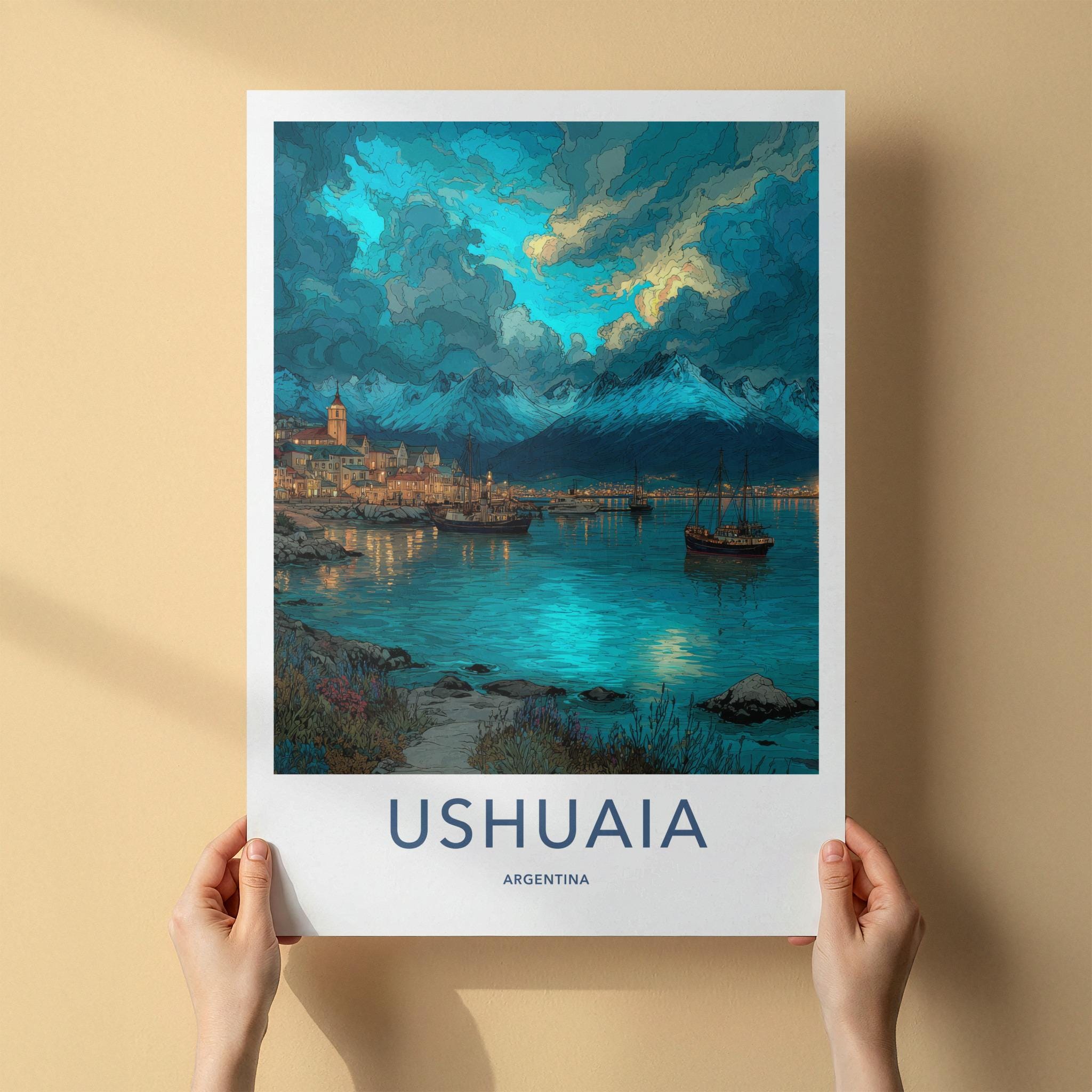 Ushuaia Poster - Argentina Travel Art - Dramatic Sky Harbour Wall Decor
