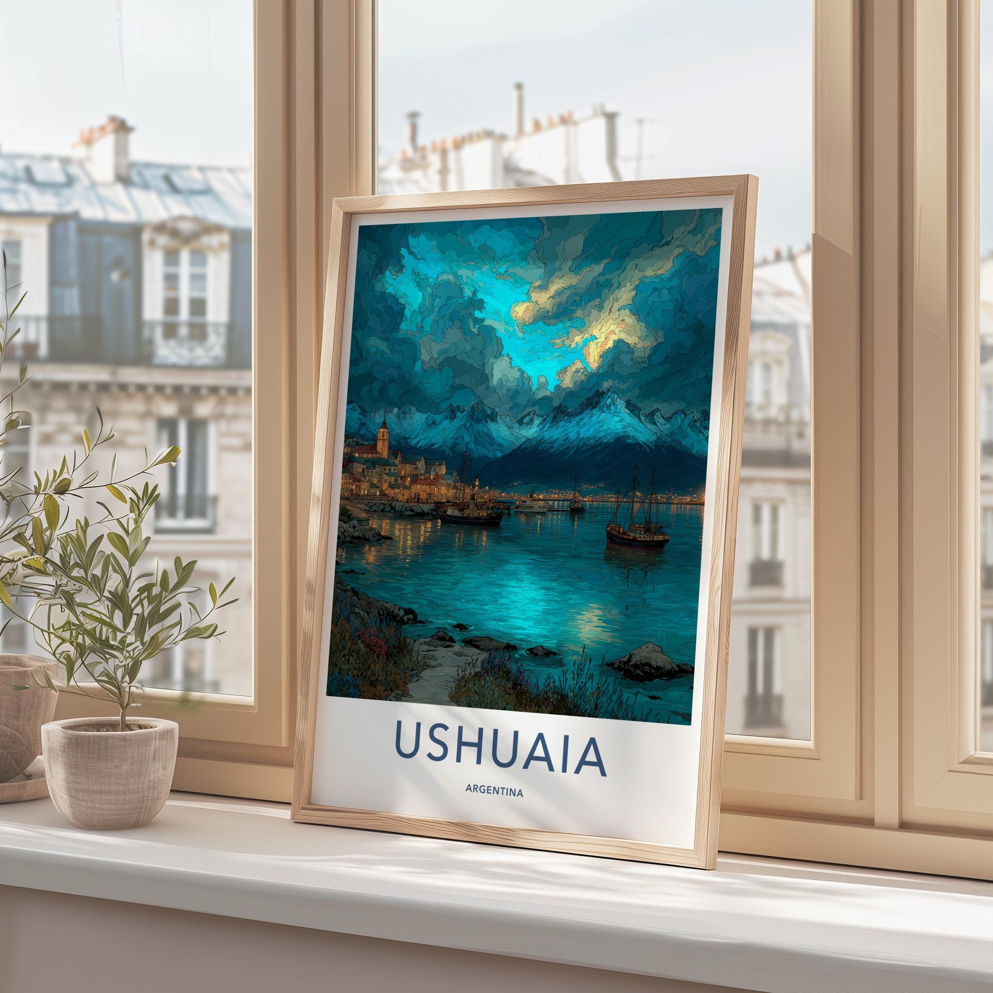 Ushuaia Poster - Argentina Travel Art - Dramatic Sky Harbour Wall Decor