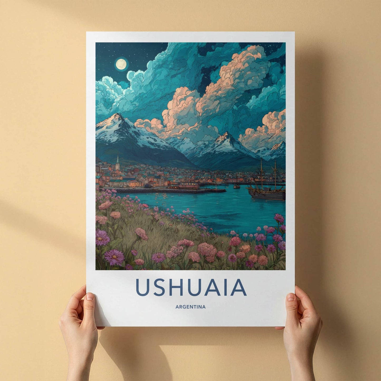 Ushuaia Poster - Argentina Travel Art - Moonlit Mountain Town Home Decor
