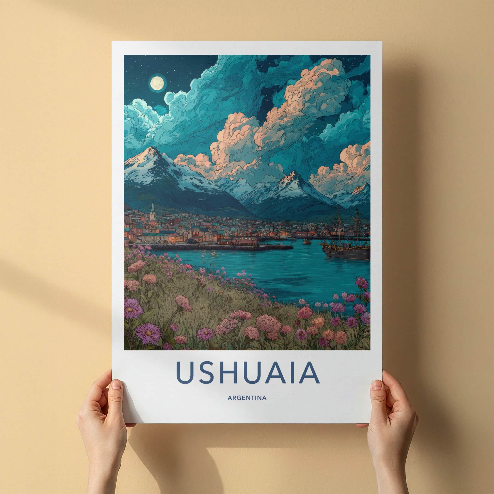 Ushuaia Poster - Argentina Travel Art - Moonlit Mountain Town Home Decor