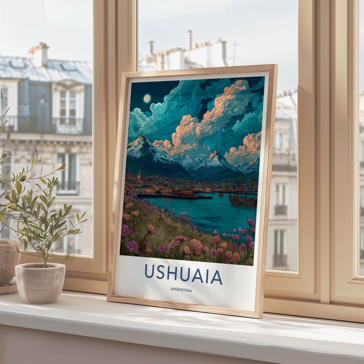 Ushuaia Poster - Argentina Travel Art - Moonlit Mountain Town Home Decor