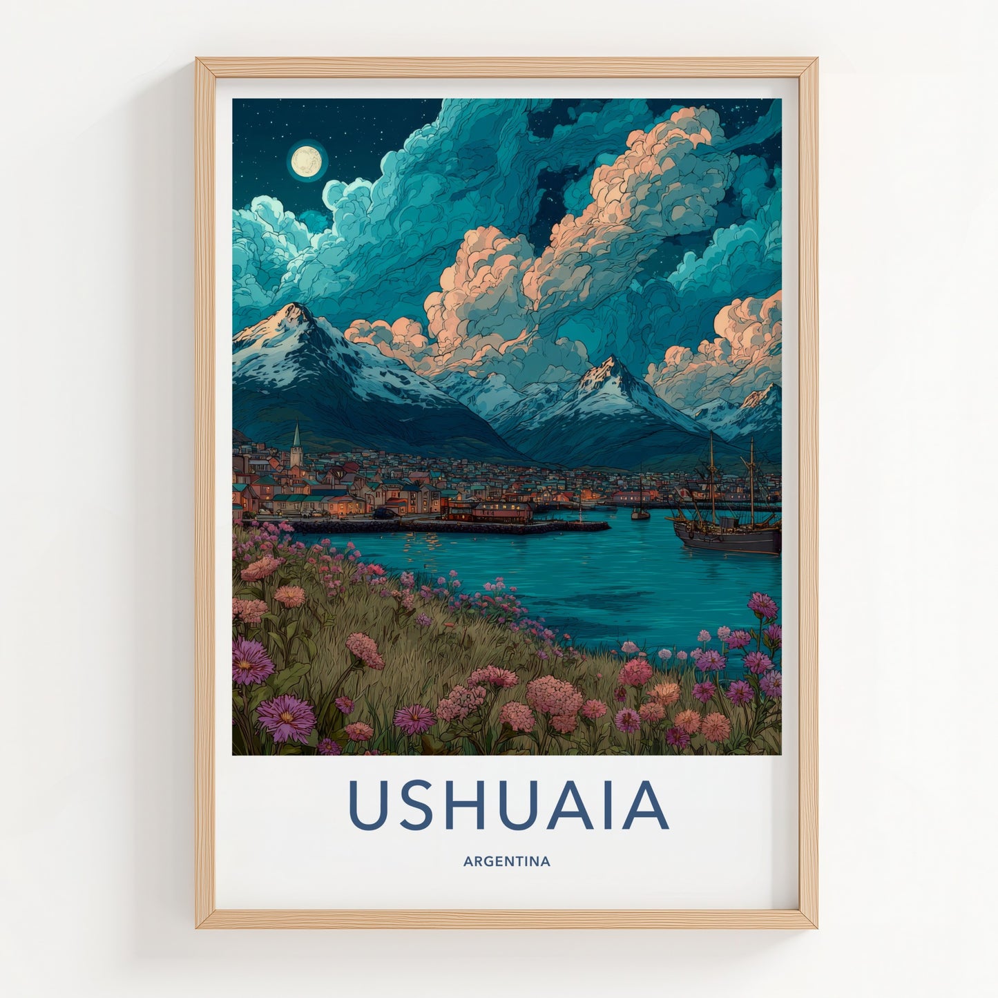 Ushuaia Poster - Argentina Travel Art - Moonlit Mountain Town Home Decor