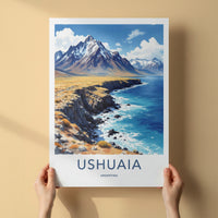 Ushuaia Poster - Argentina Travel Art - Mountain Ocean Coast Home Decor