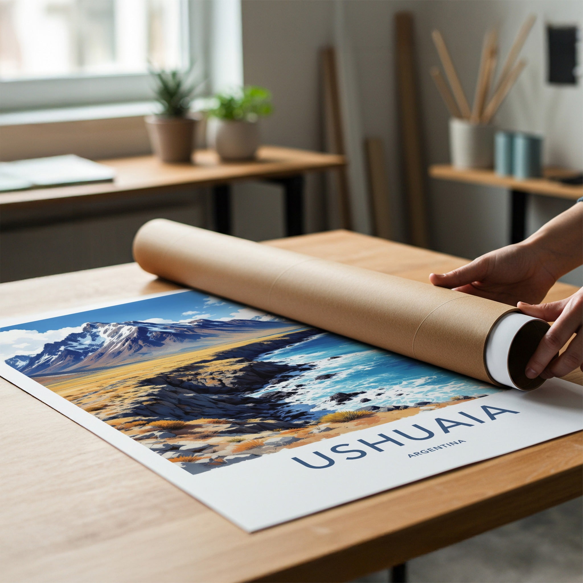 Ushuaia Poster - Argentina Travel Art - Mountain Ocean Coast Home Decor