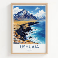 Ushuaia Poster - Argentina Travel Art - Mountain Ocean Coast Home Decor
