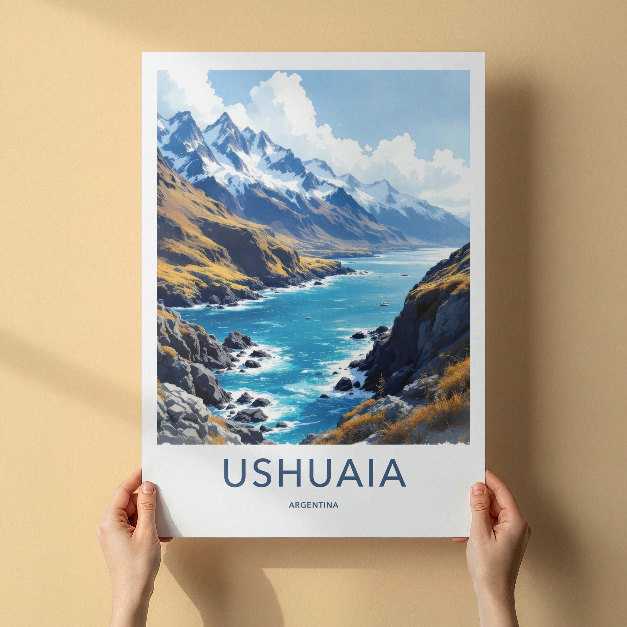 Ushuaia Poster - Argentina Travel Art - Snowy Mountain Bay Wall Decor