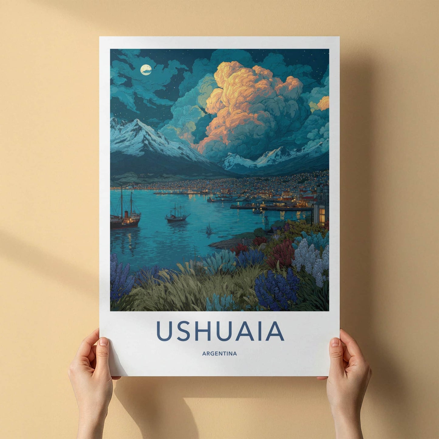 Ushuaia Poster - Argentina Travel Print - Night Harbor City Home Decor
